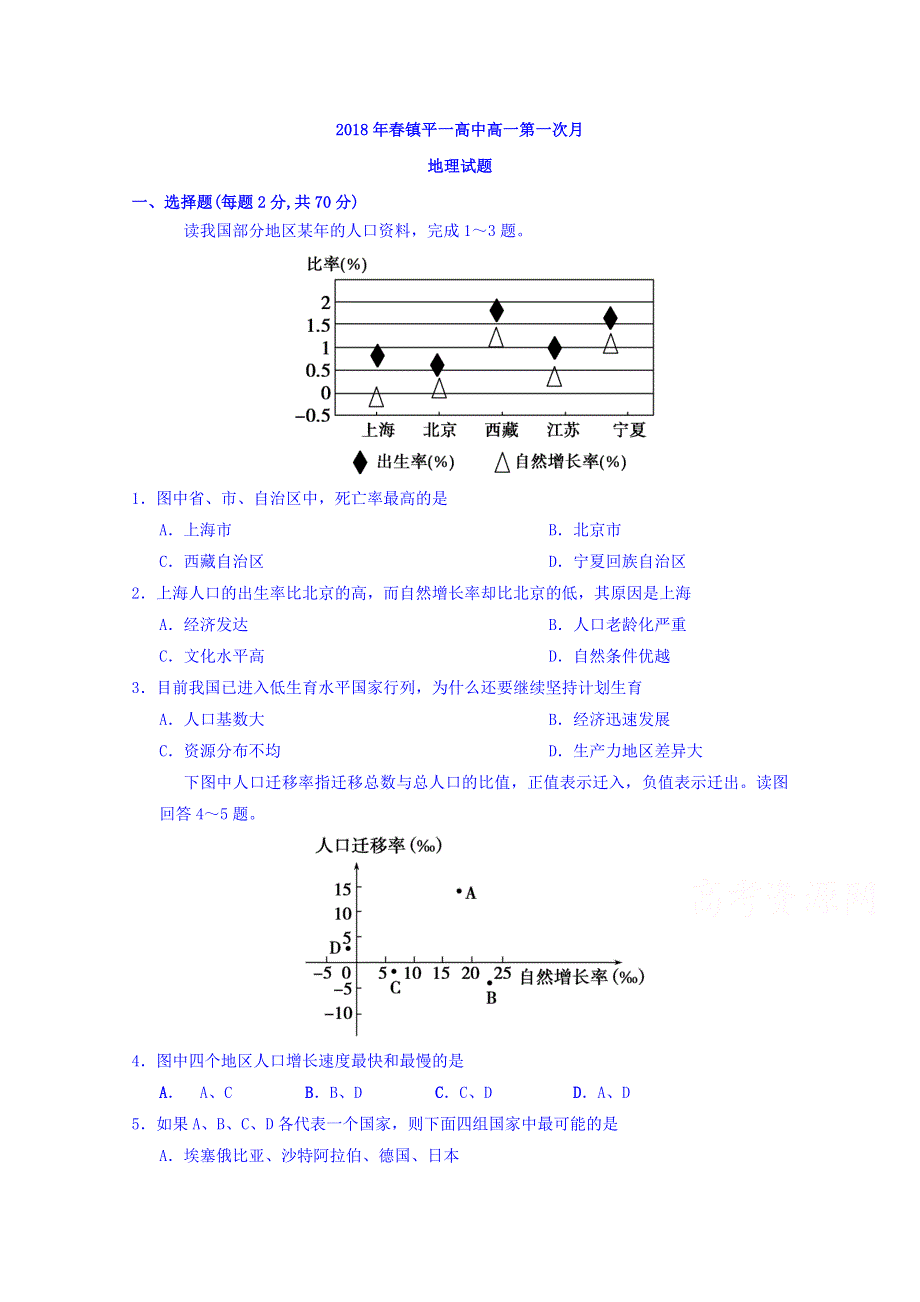 河南省镇平县第一高级中学2017-2018学年高一下学期第一次月考地理试题 WORD版含答案.doc_第1页