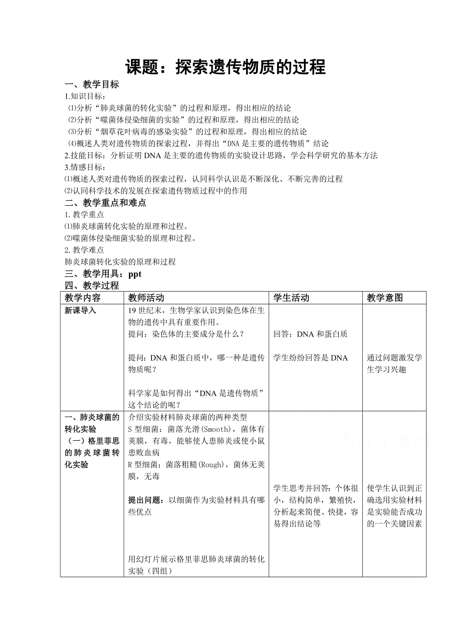 甘肃省会宁县第三中学高中生物必修二教案：探索遗传物质的过程.doc_第1页