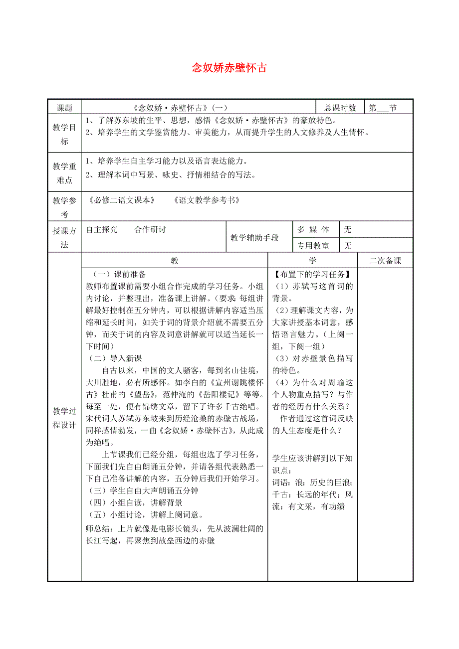 江苏省徐州市贾汪区建平中学高中语文 第11课 念奴娇赤壁怀古教案1 苏教版必修2.doc_第1页