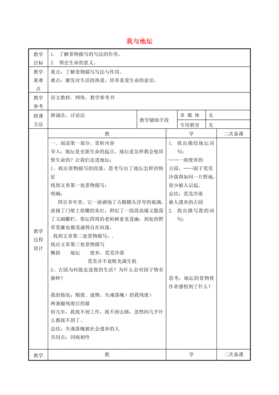 江苏省徐州市贾汪区建平中学高中语文 第1课 我与地坛教案2 苏教版必修2.doc_第1页