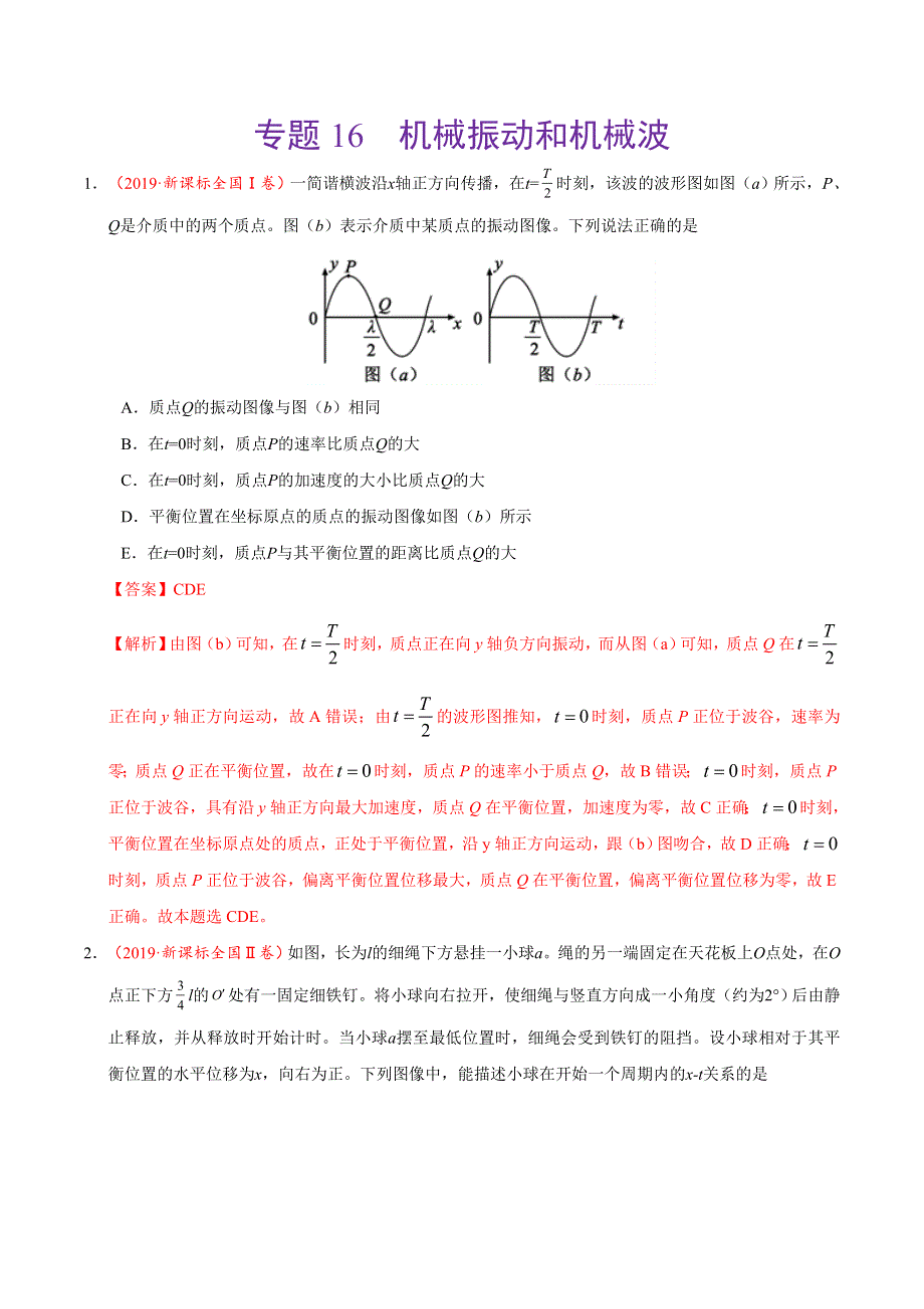 《推荐》专题16 机械振动和机械波-三年（2017-2019）高考真题物理分项汇编 WORD版含解析.doc_第1页