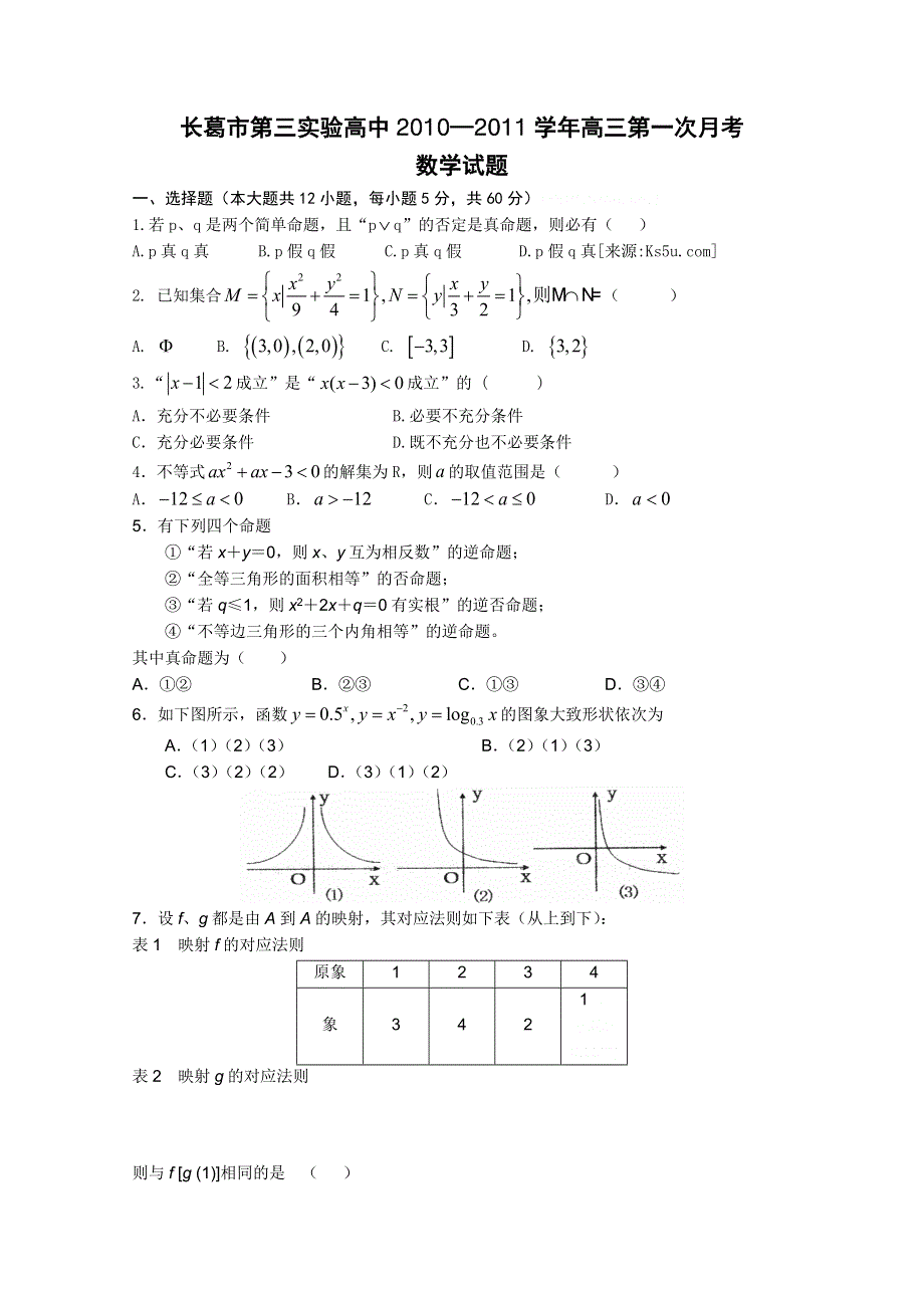 河南省长葛市第三实验高中2011届高三第一次月考（数学）.doc_第1页