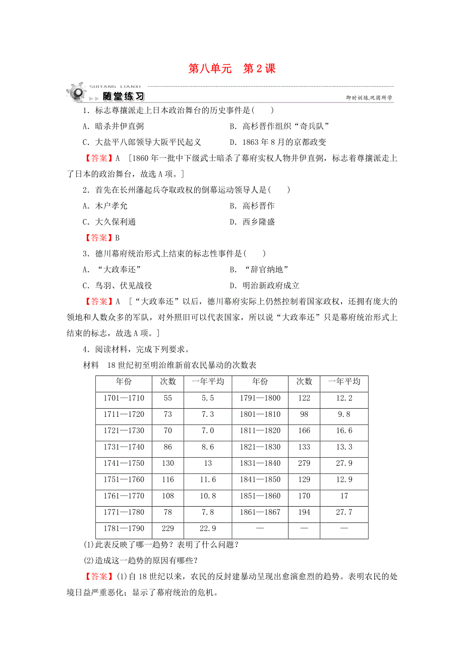 2020-2021学年高中历史 第8单元 日本明治维新 第2课 倒幕运动和明治政府的成立随堂练习（含解析）新人教版选修1.doc_第1页