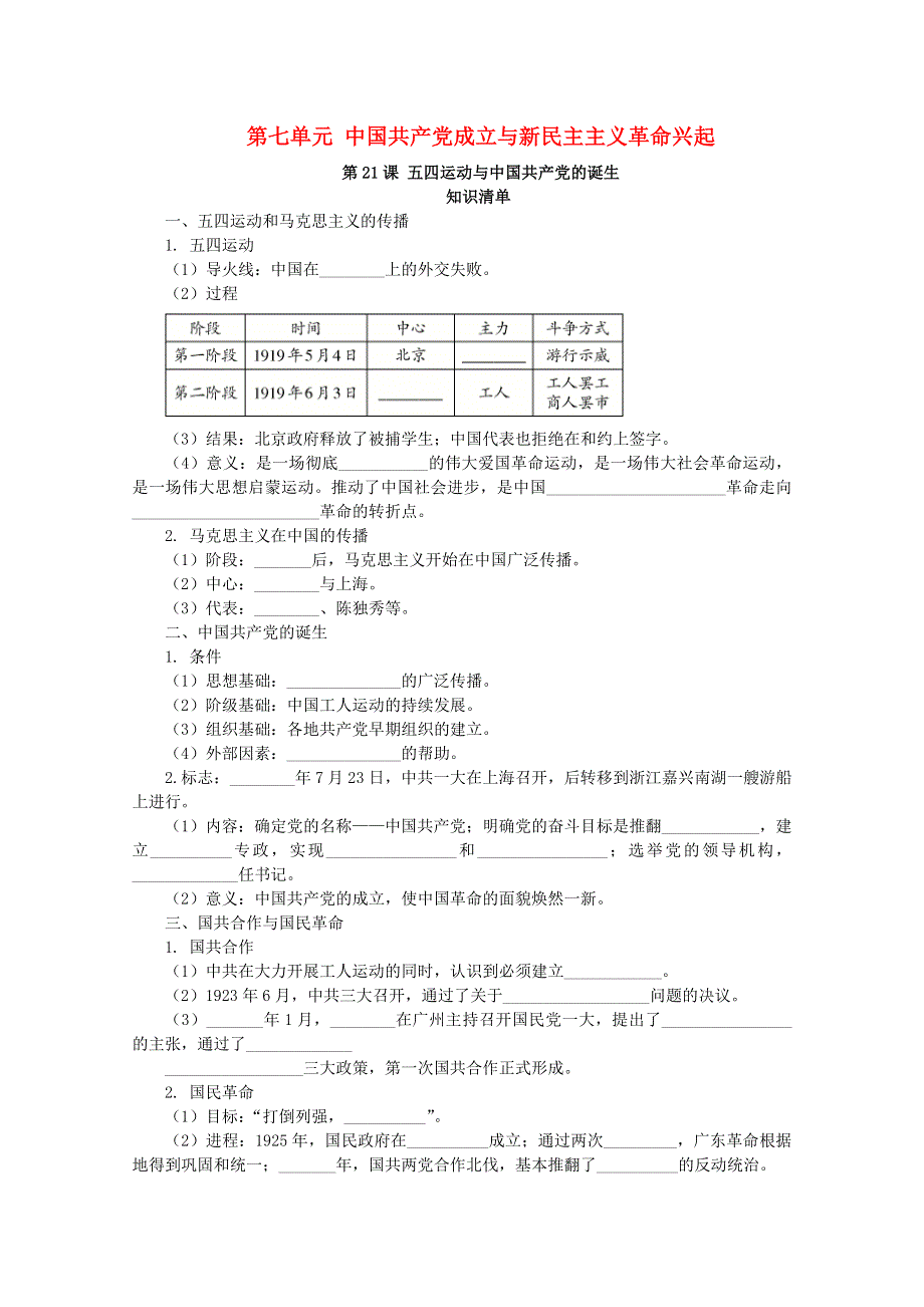 2020-2021学年高中历史 第七单元 中国共产党成立与新民主主义革命兴起 第21课 五四运动与中国共产党的诞生课堂速练（含解析）新人教版必修《中外历史纲要（上）》.doc_第1页