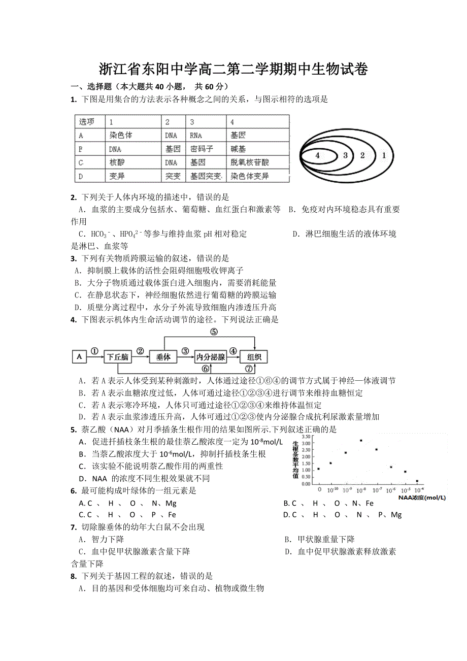 浙江省东阳中学2015-2016学年高二下学期期中考试生物试题 WORD版含答案.doc_第1页