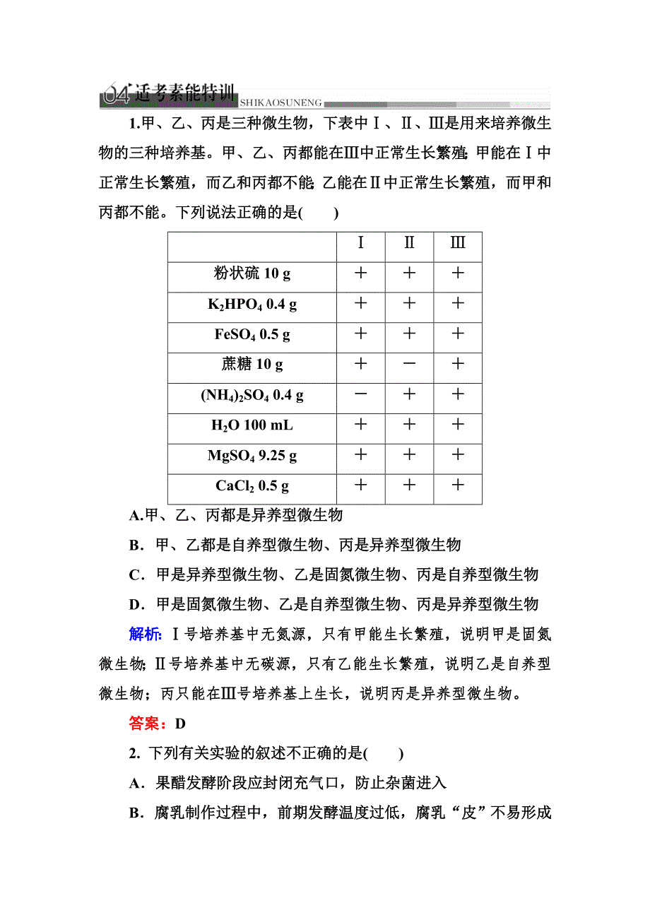 2014高考生物二轮复习适考素能特训 微生物的利用和生物技术在食品加工中的应用.doc_第1页