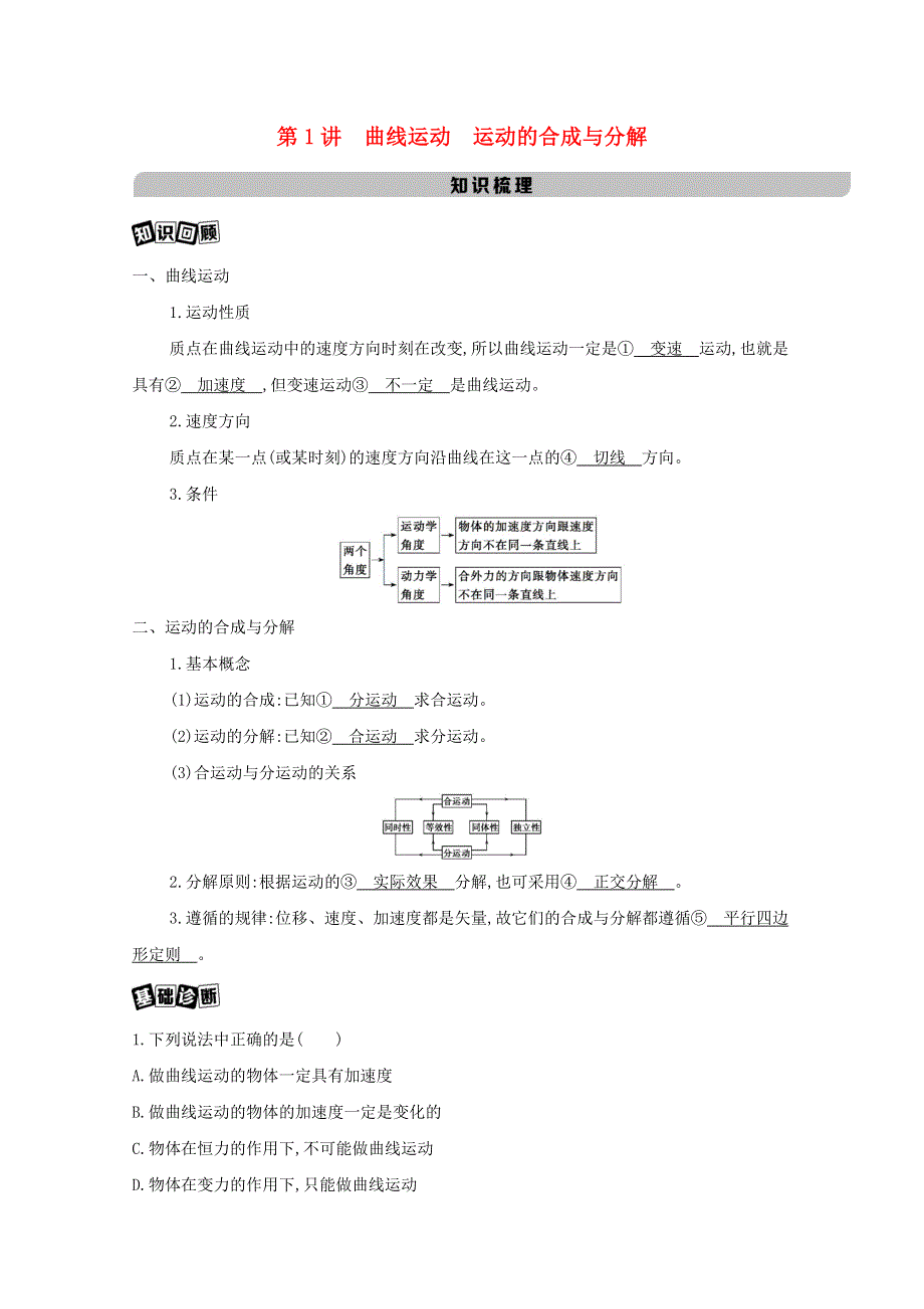 （北京版）2021高考物理一轮复习 第四章 曲线运动 第1讲 曲线运动 运动的合成与分解教材研读练习（含解析）.docx_第1页