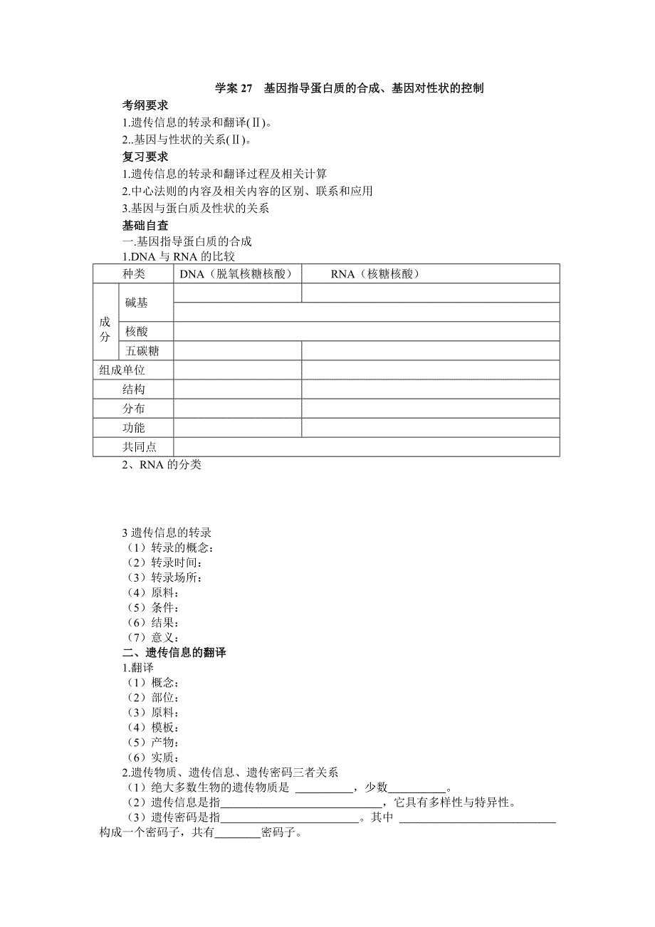 2014高考生物第一轮复习学案 第27讲 基因指导蛋白质的合成及对性状的控制.doc_第1页