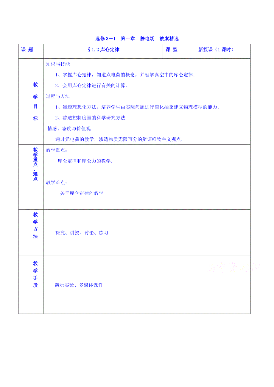 《整合》人教版选修3－1第一章 第2节 库仑定律教案 .doc_第1页