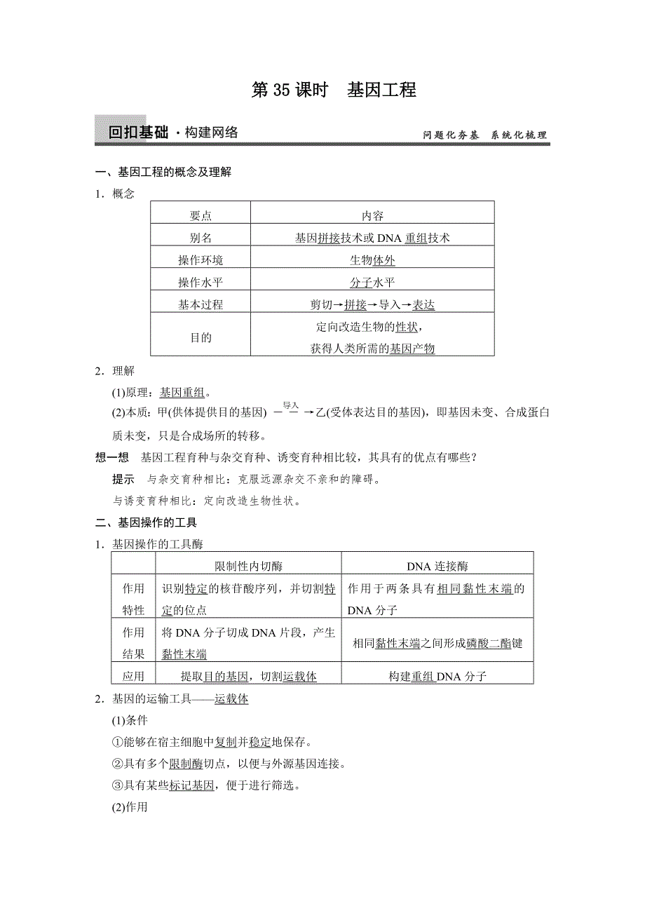 2014高考生物（ 广西专用）一轮复习精品教学案 第35课时 基因工程.doc_第1页