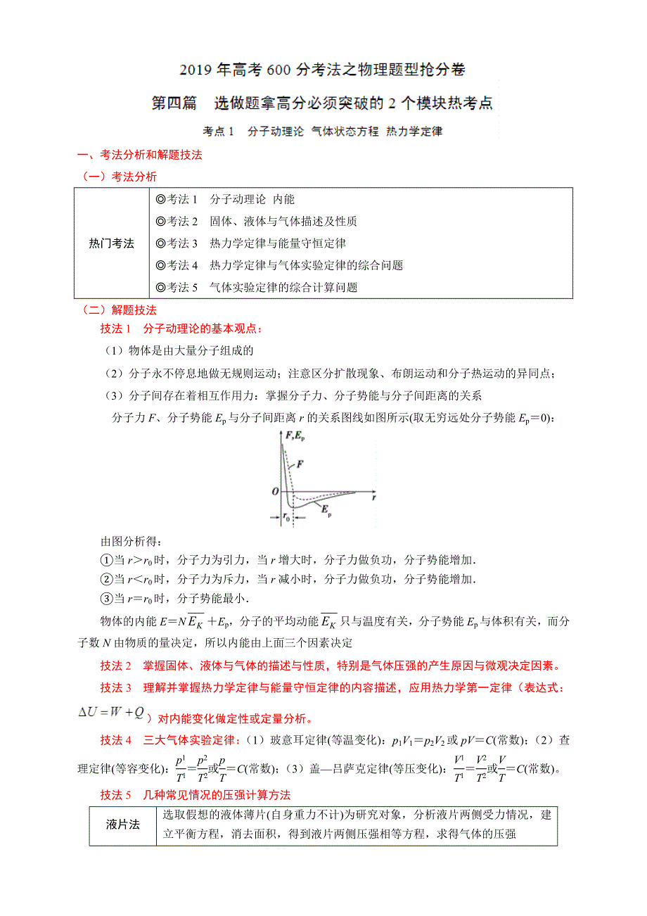 《推荐》考点1 分子动理论 气体状态方程 热力学定律（第四篇）-2019年高考600分考法之物理题型抢分卷 WORD版含解析.doc_第1页