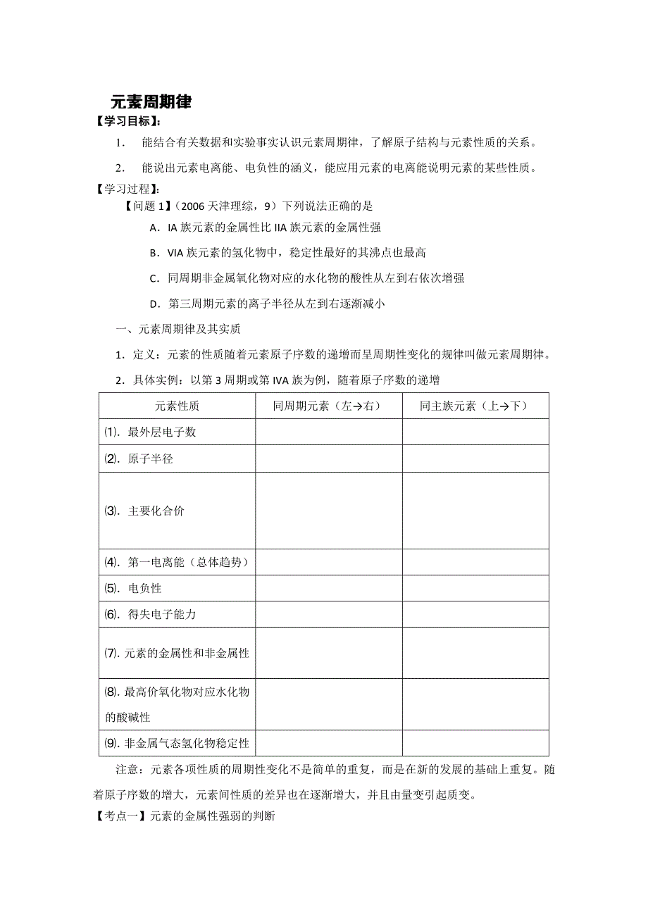 江苏省怀仁中学高三化学复习《元素周期律和元素周期表》学案（1）.doc_第1页