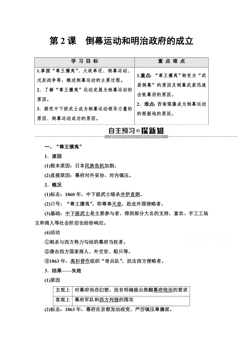 2019-2020学年高中历史新同步人教版选修1学案：第8单元 第2课　倒幕运动和明治政府的成立 WORD版含解析.doc_第1页