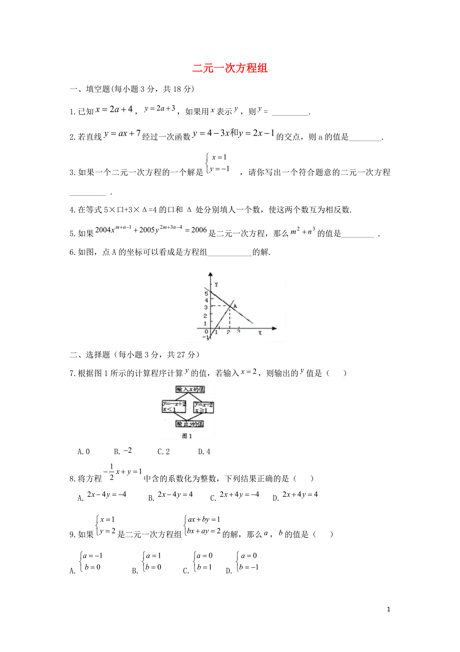 七年级数学下册第六章二元一次方程组6.1二元一次方程组单元练习2新版冀教版.doc_第1页