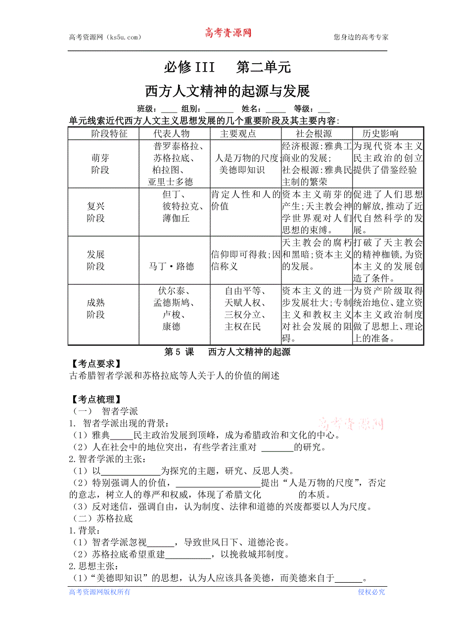 江苏省沭阳银河学校2015年高二历史同步学案：第5课《 西方人文精神的起源》（人教版必修三）.doc_第1页