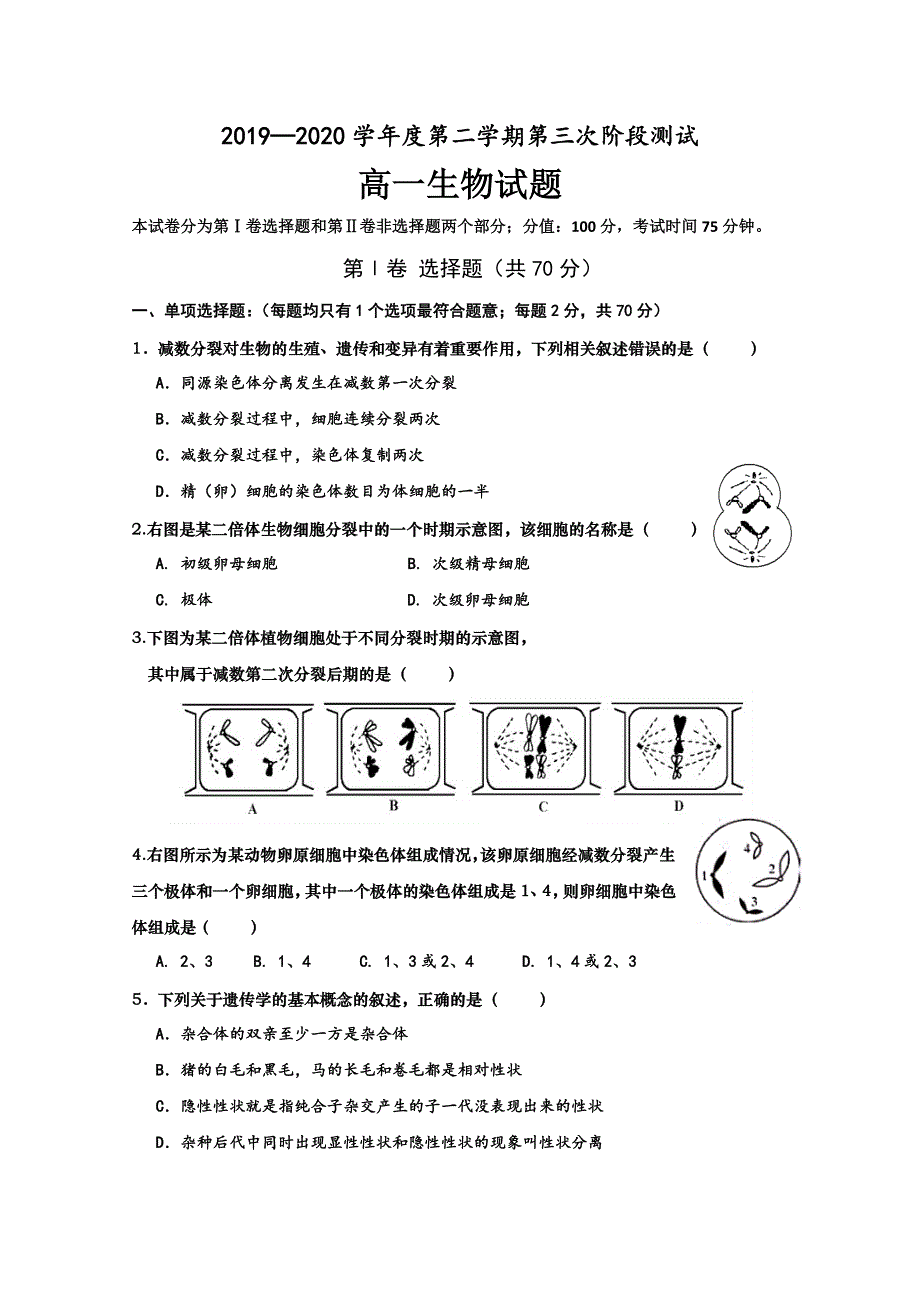 江苏省泗洪县洪翔中学、沭阳县修远中学2019-2020学年高一5月月考生物试题 WORD版含答案.doc_第1页