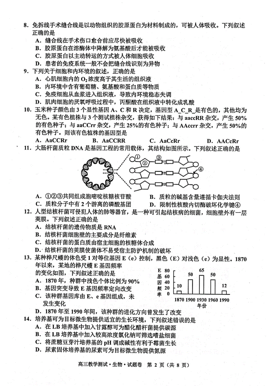 浙江省嘉兴市2022届高三下学期4月教学测试（二模） 生物 PDF版含答案.pdf_第2页