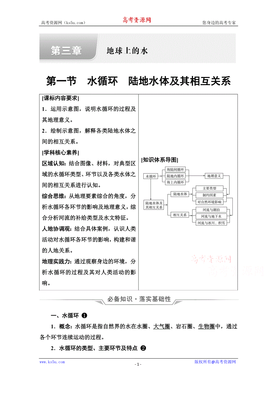 《新教材》2022版新高考地理人教版一轮总复习学案：第3章 第1节　水循环　陆地水体及其相互关系 WORD版含答案.doc_第1页