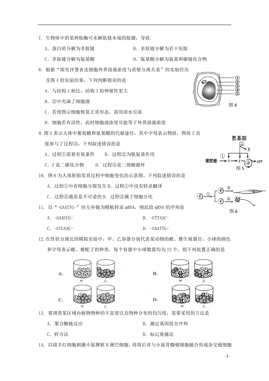 上海市黄浦区2018届高三生命科学上学期期末调研测试试题201809041182.doc_第2页