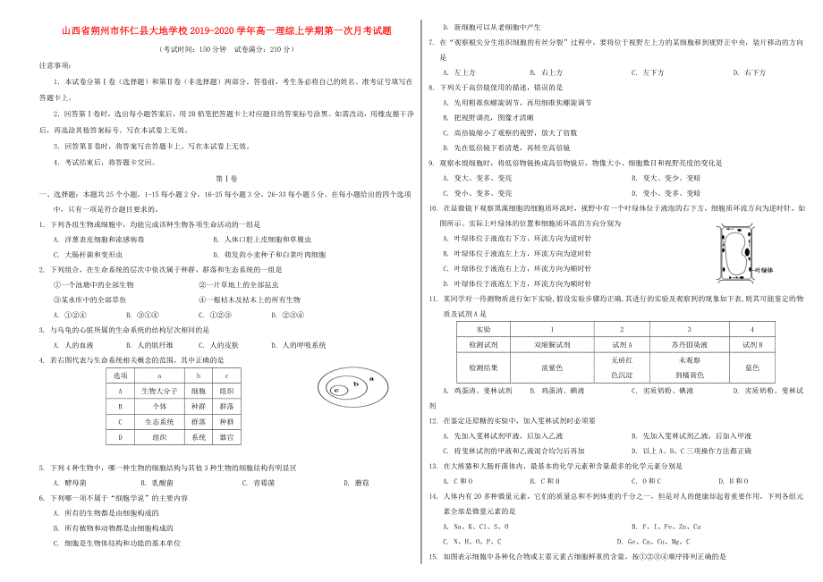 山西省朔州市怀仁县大地学校2019-2020学年高一理综上学期第一次月考试题.doc_第1页