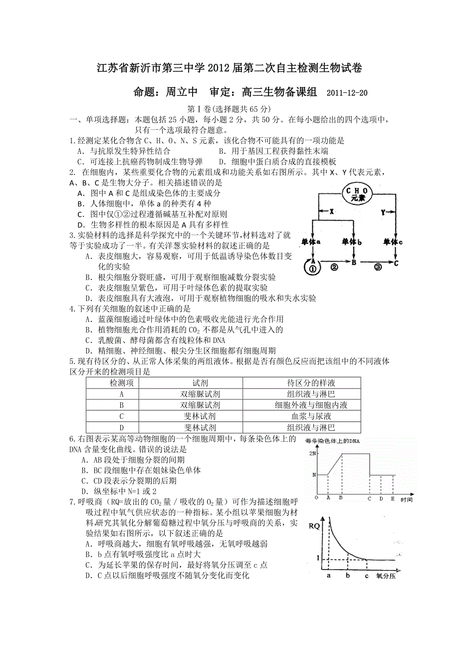 江苏省新沂市第三中学2012届高三12月自主检测生物试卷.doc_第1页