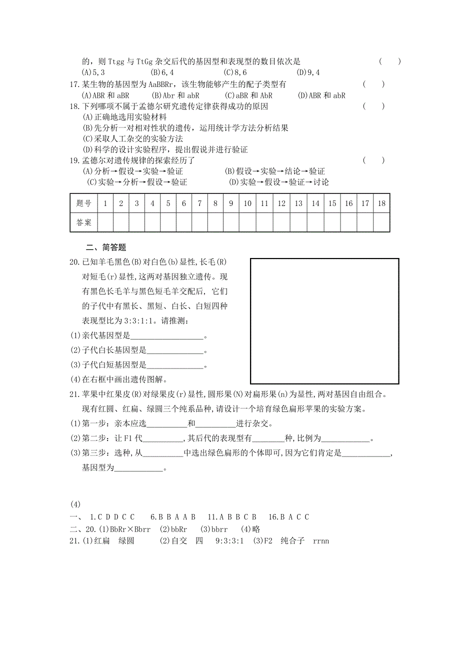 浙江省义乌三中高二生物必修二随堂练习：自由组合定律（2）.doc_第2页