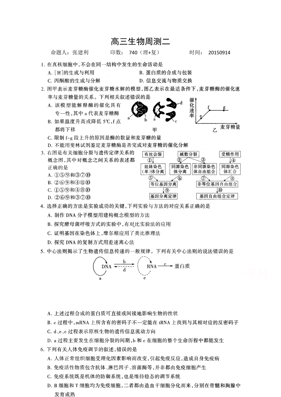 河北省正定县第一中学2016届高三上学期生物周测二 20150914 扫描版无答案.doc_第1页