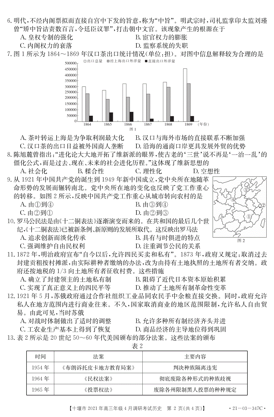 湖北省十堰市2021届高三下学期4月调研考试历史试题 PDF版含答案.pdf_第2页