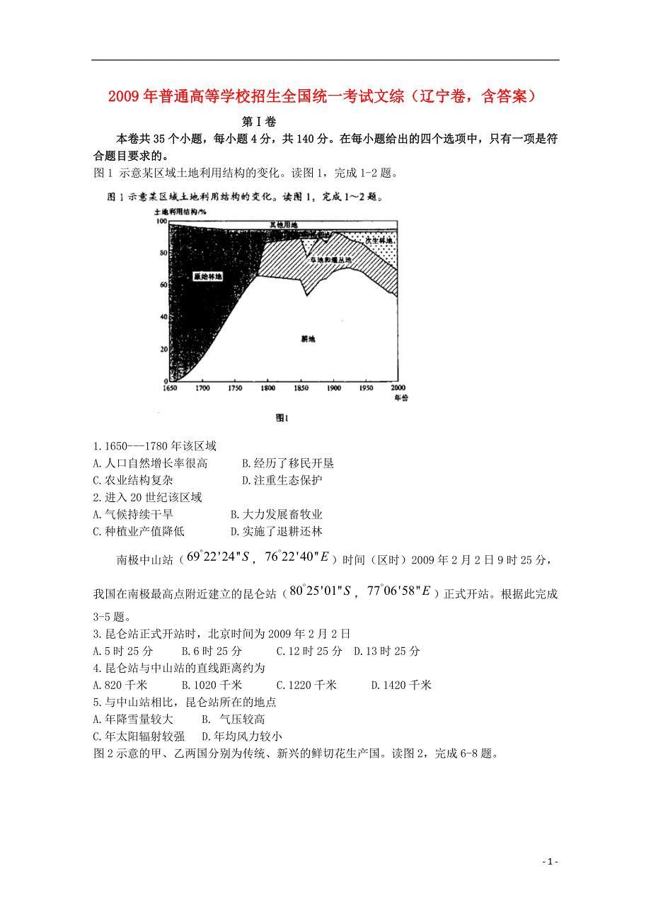 2009年普通高等学校招生全国统一考试文综（辽宁卷含答案）.doc_第1页