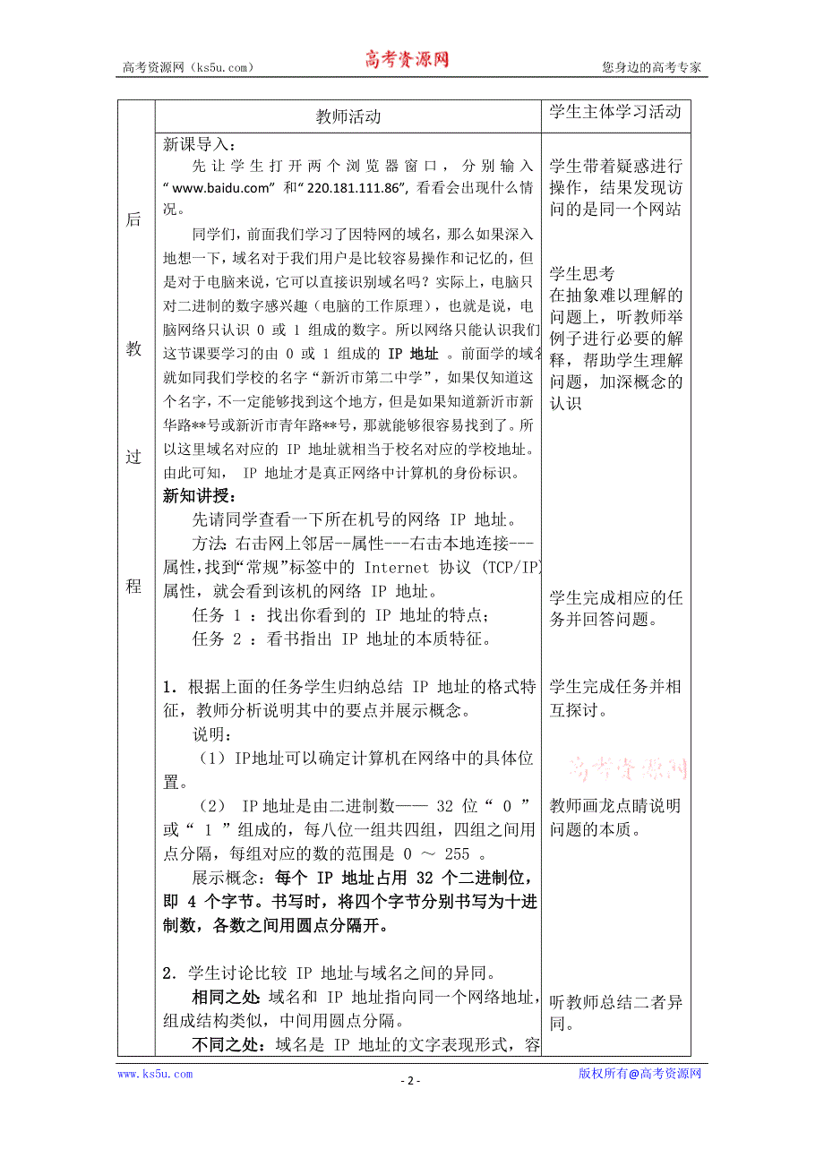 江苏省新沂市第二中学高中信息技术教案： 2.2 IP地址及其管理.doc_第2页