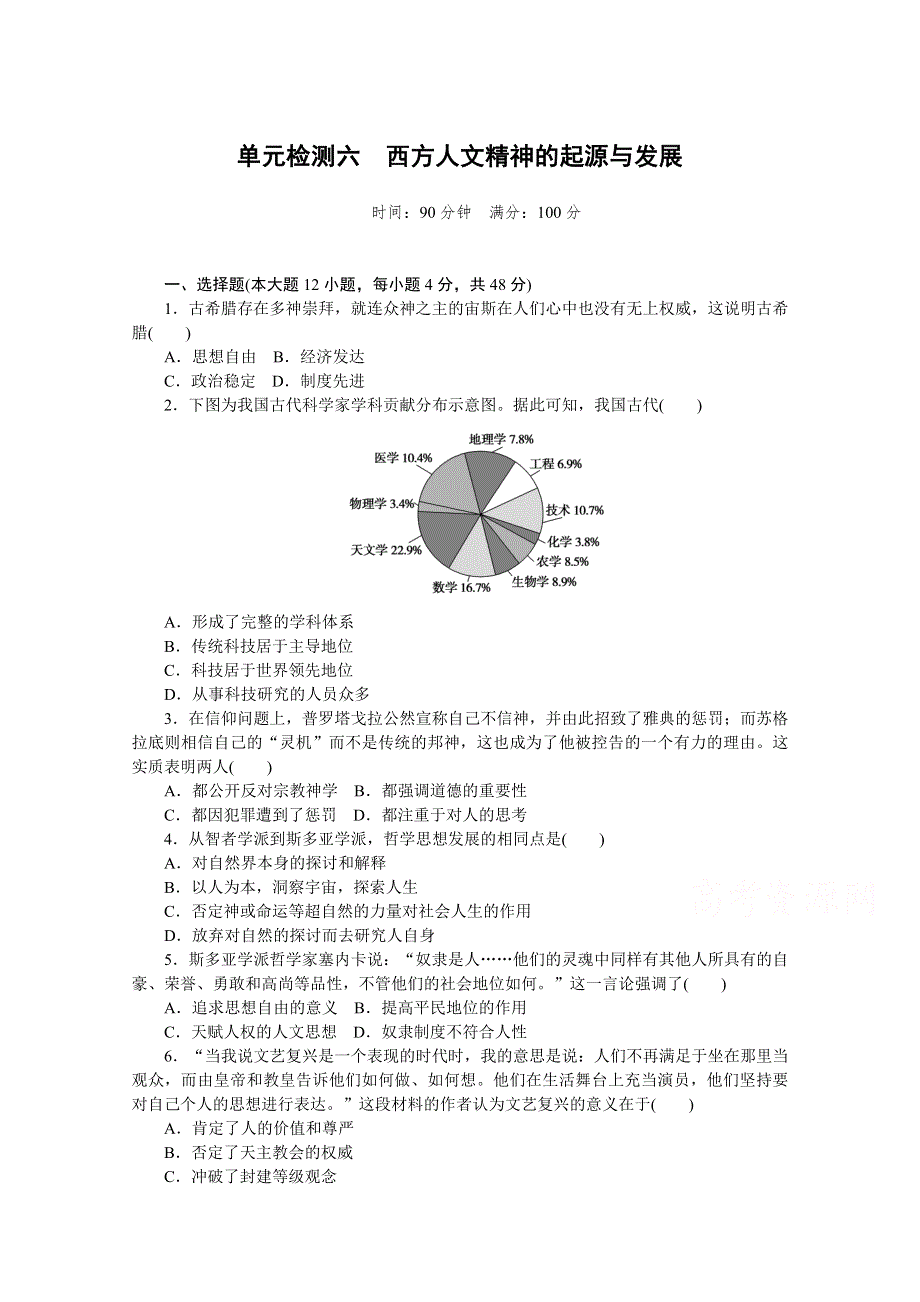 2021-2022学年高中人民版历史必修3单元检测：六　西方人文精神的起源与发展 WORD版含解析.doc_第1页