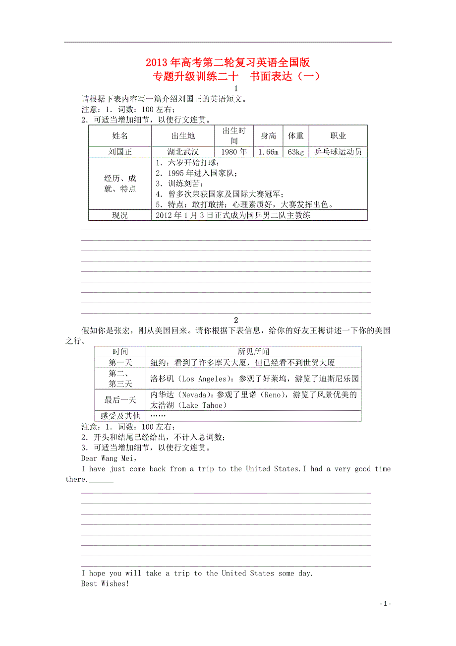 2013年高考英语二轮复习 专题升级训练卷二十 书面表达（一）.doc_第1页