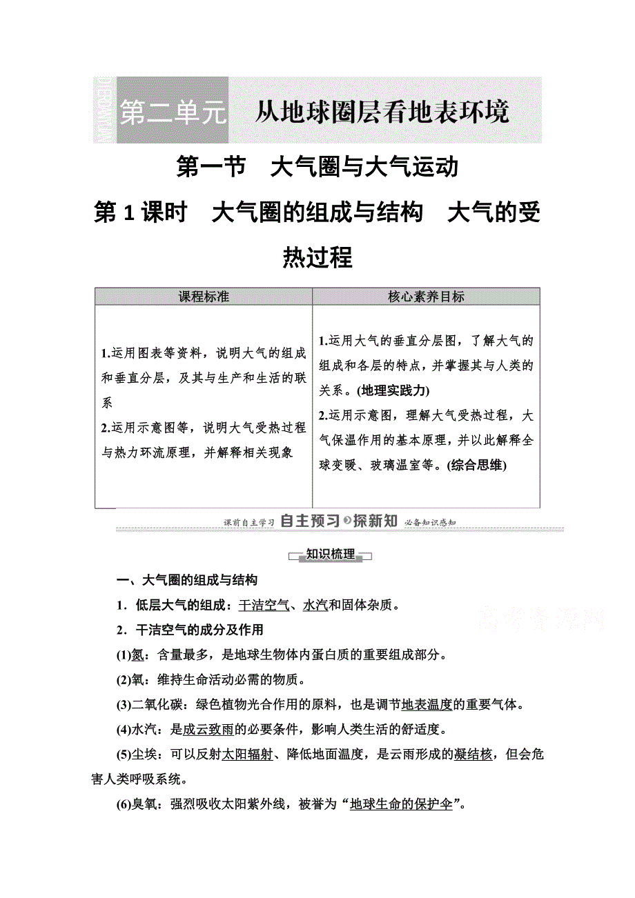 2020-2021学年高中地理新教材鲁教版必修第一册学案：第2单元 第1节　第1课时　大气圈的组成与结构　大气的受热过程 WORD版含解析.doc_第1页