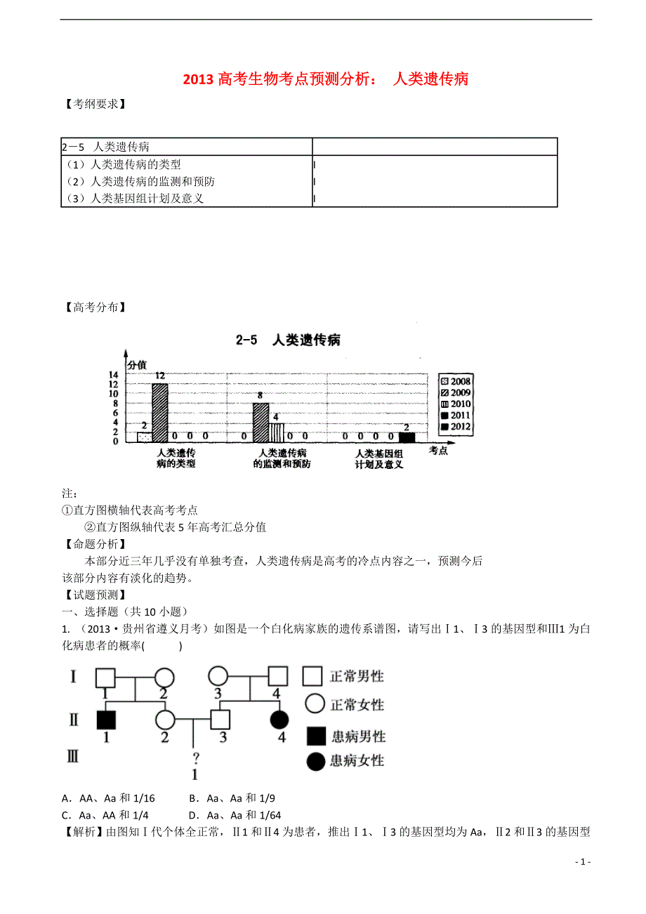 2013高考生物 考点预测分析 人类遗传病（含解析）新人教版.doc_第1页