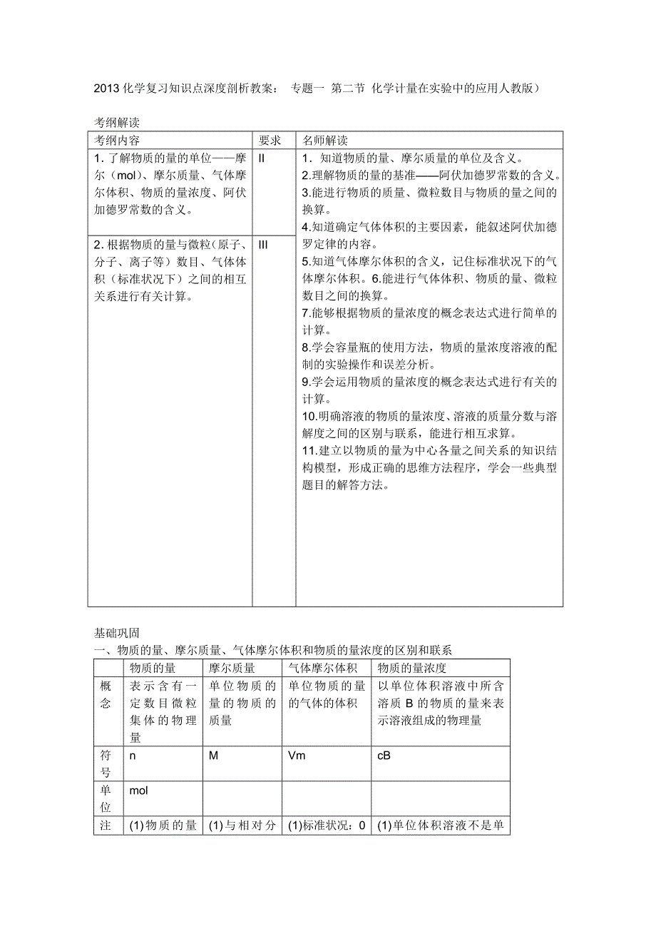 2013化学复习知识点深度剖析教案： 专题一 第二节 化学计量在实验中的应用（人教版）.doc_第1页