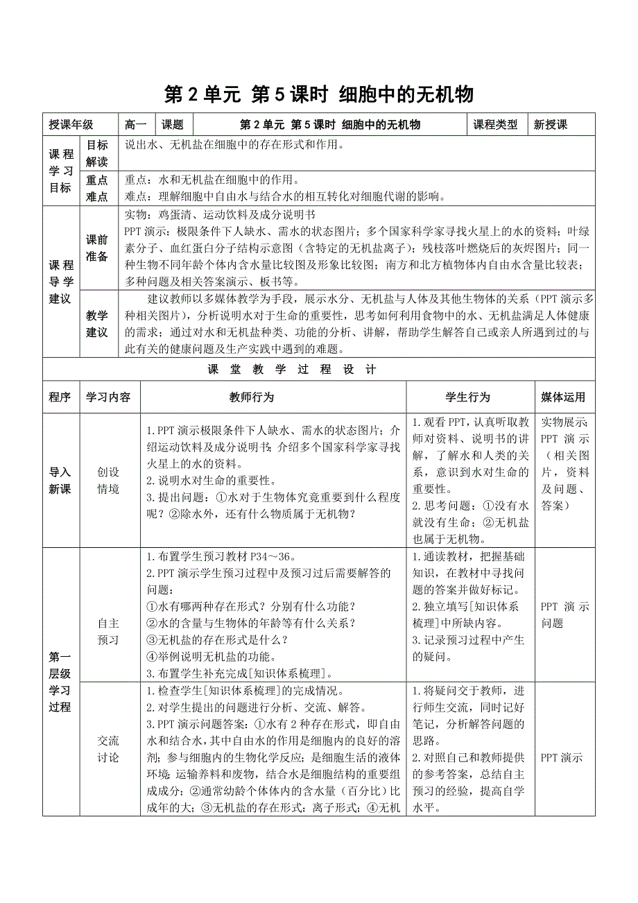 2015-2016学年高一人教版生物必修一教学实施方案：第2章 第5节 细胞中的无机物 .doc_第1页