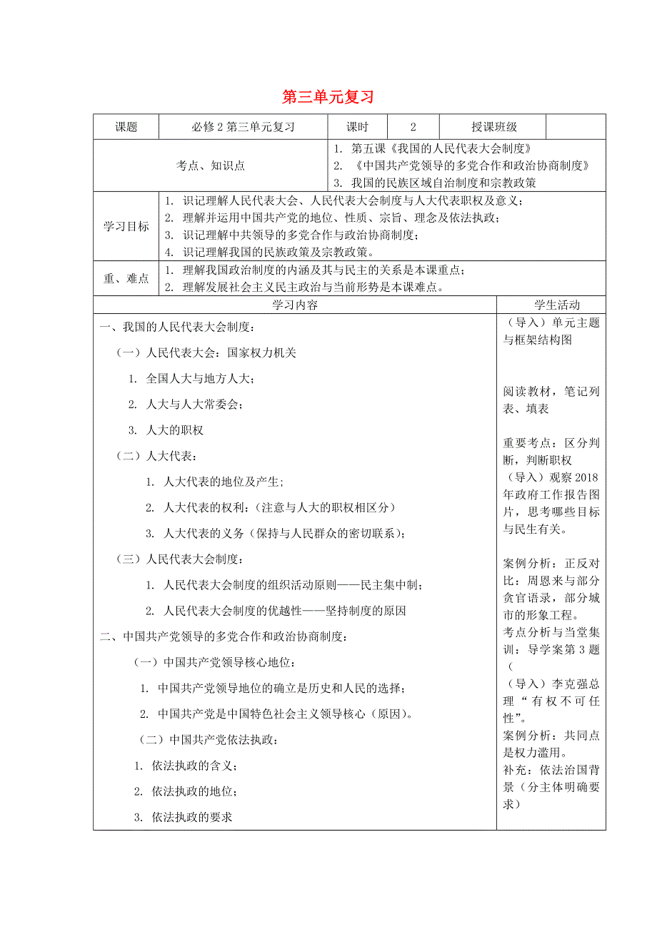 四川省宜宾市一中2017_2018学年高中政治下学期第13周第三单元复习教学设计.doc_第1页