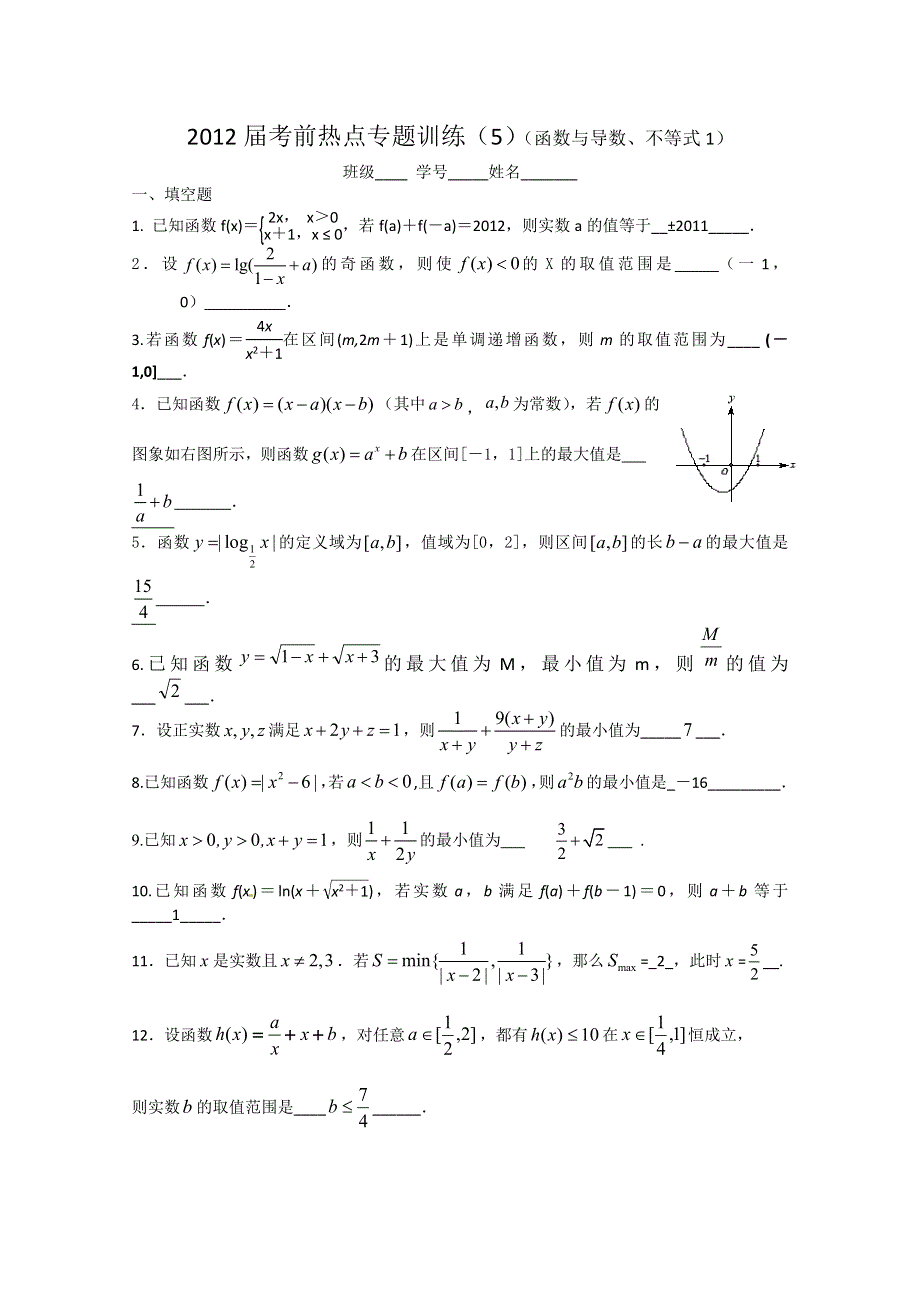 江苏省栟茶高级中学2012届高三数学考前热点专题训练（5）（函数与导数、不等式1）.doc_第1页