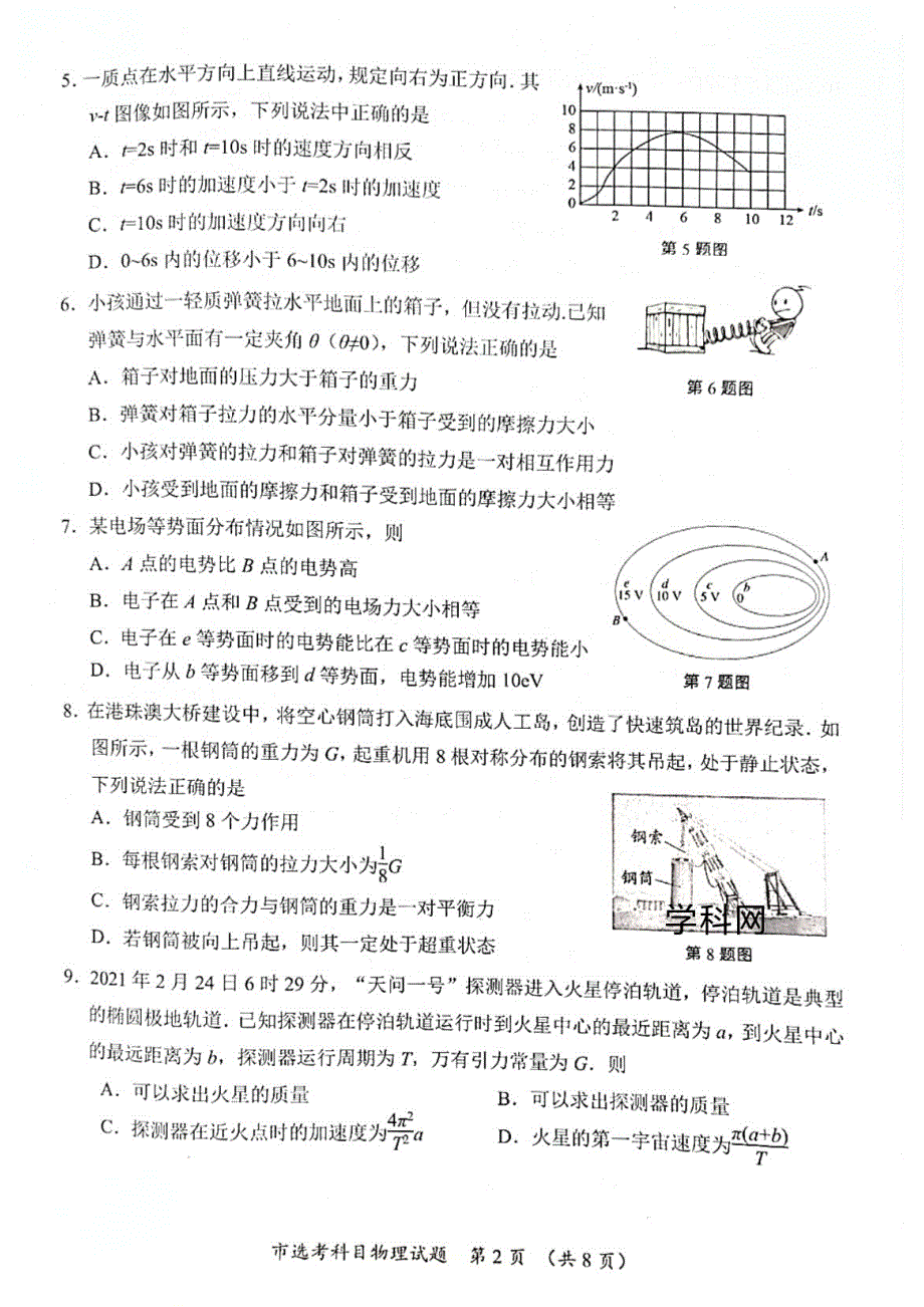 浙江省台州市2022届高三上学期11月选考科目教学质量评估（一模）物理试题 扫描版含答案.pdf_第2页