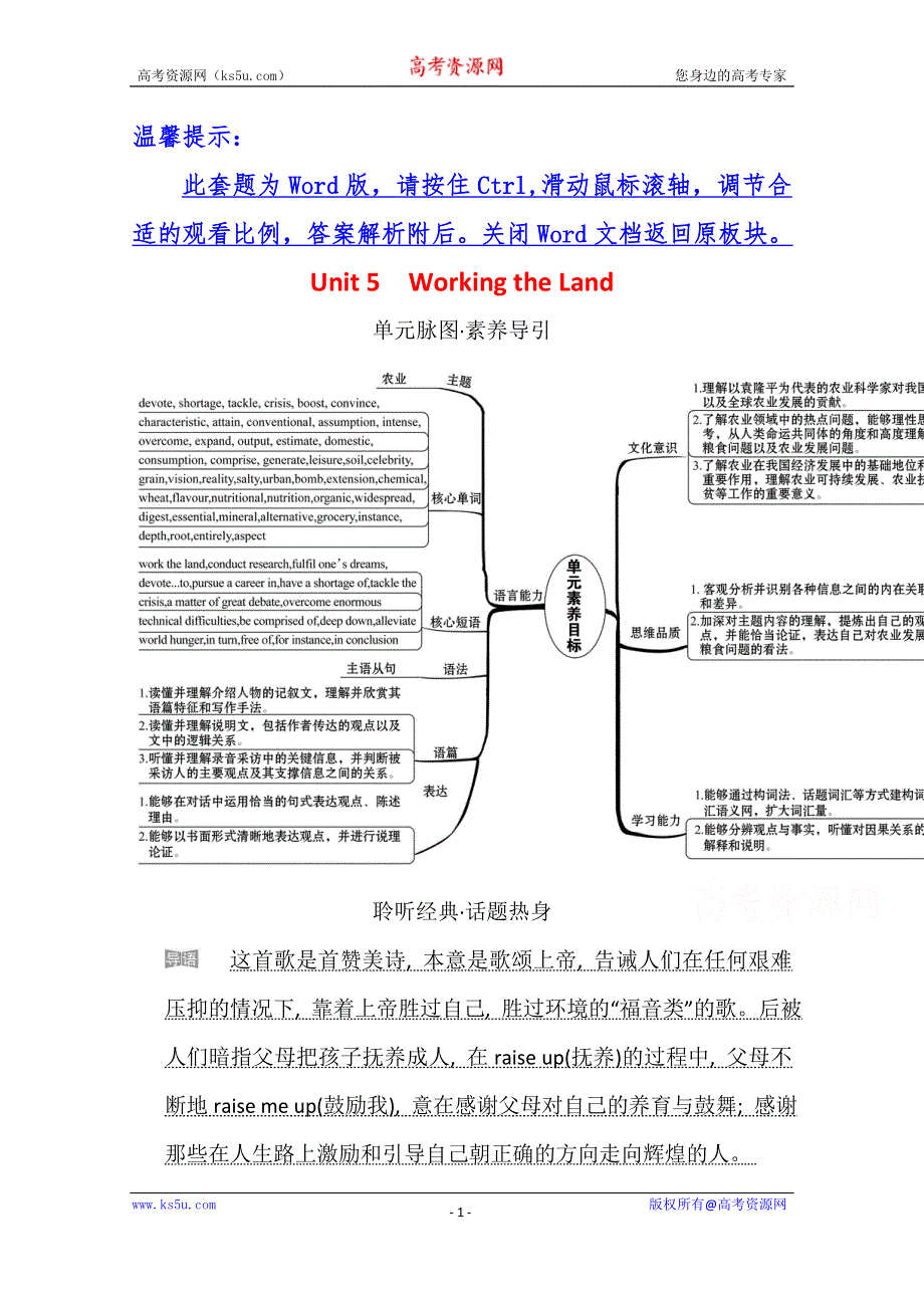 《新教材》2021-2022学年高中人教版英语选择性必修一学案：UNIT 5　WORKING THE LAND WORD版含答案.doc_第1页