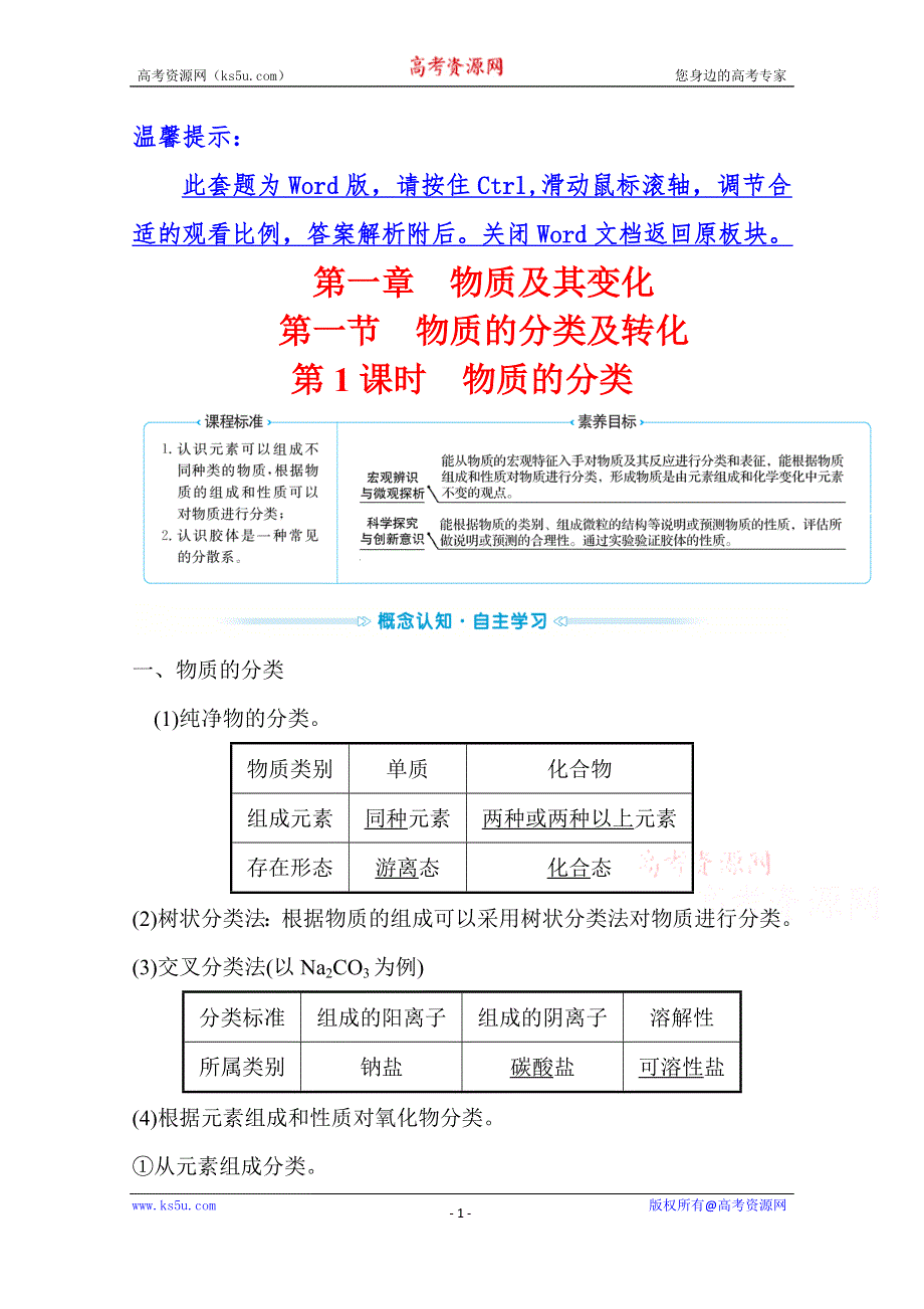 《新教材》2021-2022学年高中化学人教版必修第一册学案：第一章第一节第1课时 物质的分类 WORD版含解析.doc_第1页