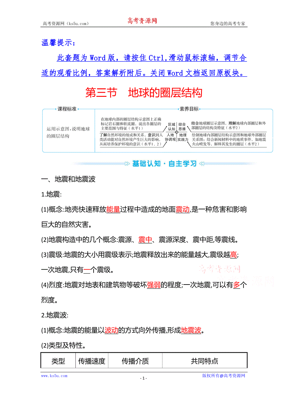 《新教材》2021-2022学年高中地理湘教版必修第一册学案：第一章 第三节　地球的圈层结构 WORD版含解析.doc_第1页