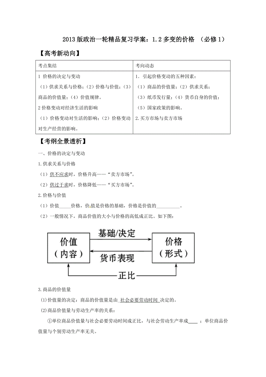 2013版高考政治一轮精品复习学案：1.2多变的价格 （必修1）.doc_第1页