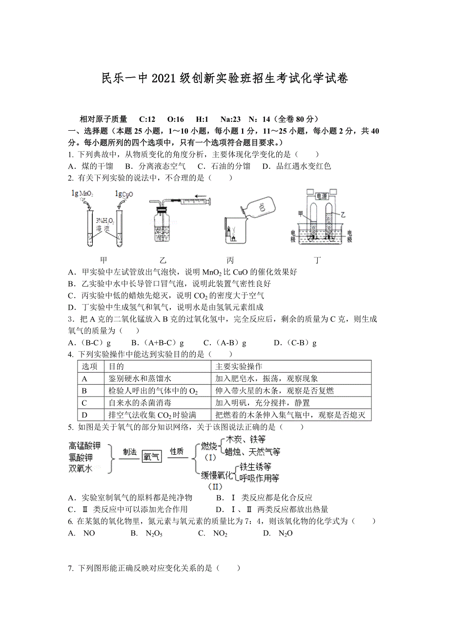 甘肃省民乐一中2020-2021学年高一创新实验班招生考试化学试题 WORD版含答案.doc_第1页