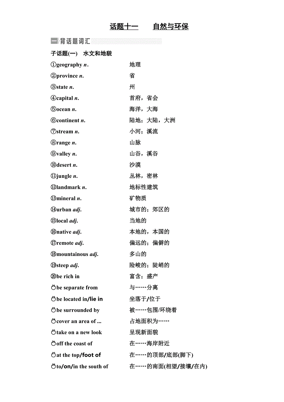 2017届高三英语（人教版新课标）一轮复习话题晨背日积月累增分无形话题十一 自然与环保 WORD版含解析.doc_第1页