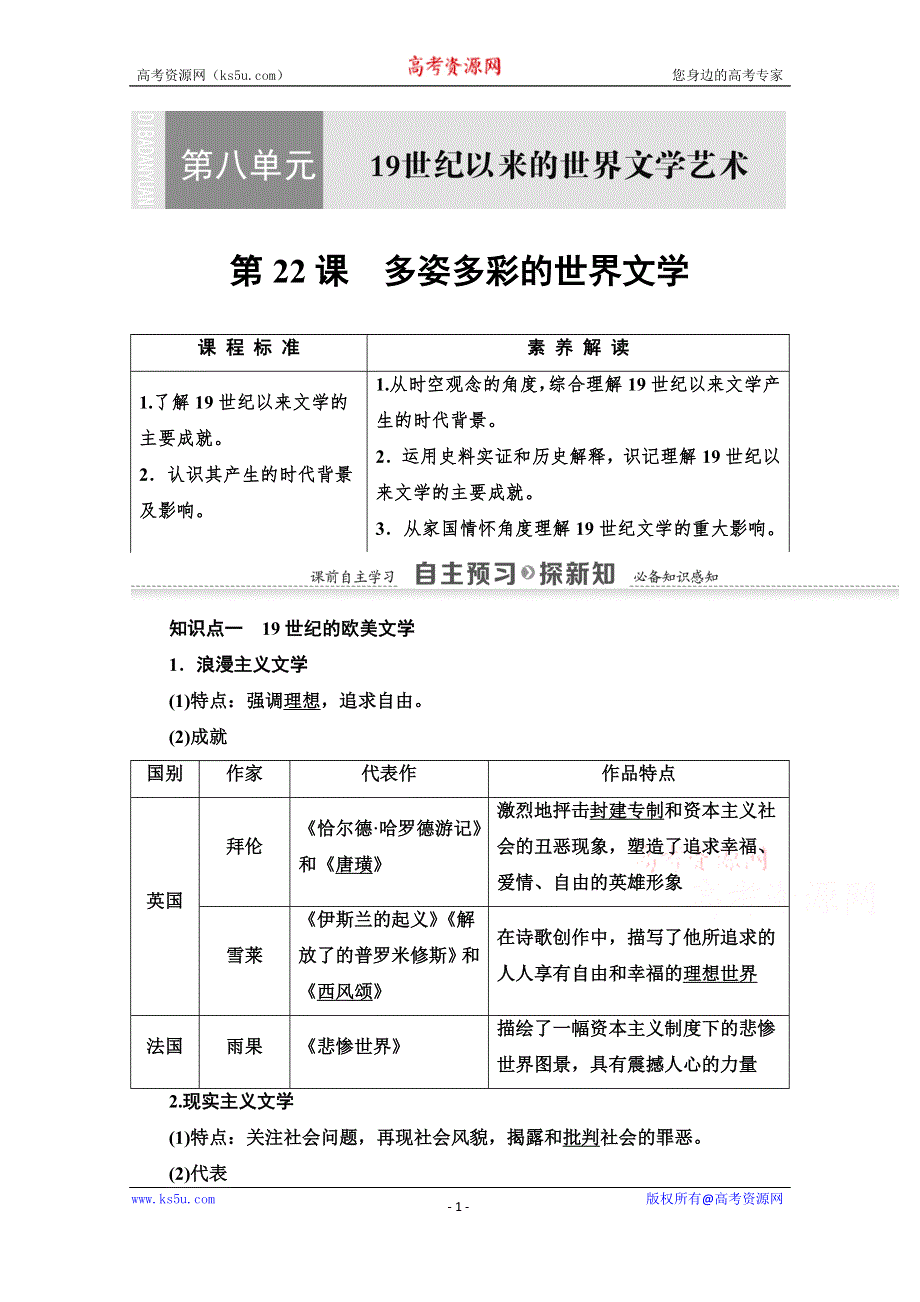 2021-2022学年高中历史北师大版必修3学案：第8单元 第22课　多姿多彩的世界文学 WORD版含答案.doc_第1页