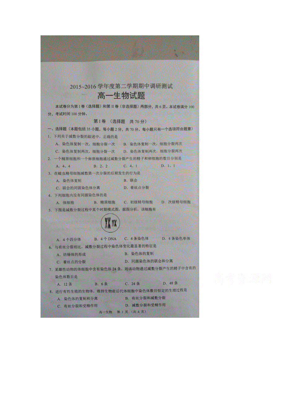 江苏省沭阳县2015-2016学年高一下学期期中调研测试生物试题 扫描版含答案.doc_第1页