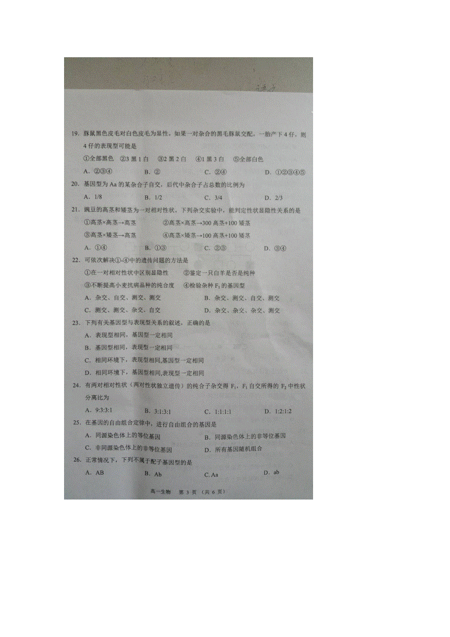 江苏省沭阳县2015-2016学年高一下学期期中调研测试生物试题 扫描版含答案.doc_第3页