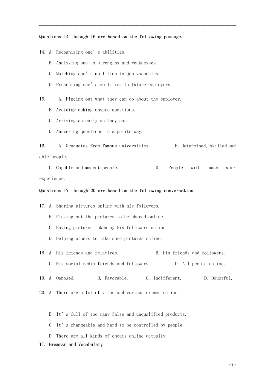 上海市宝山区2020届高三英语上学期教学质量监测一模试题.doc_第3页