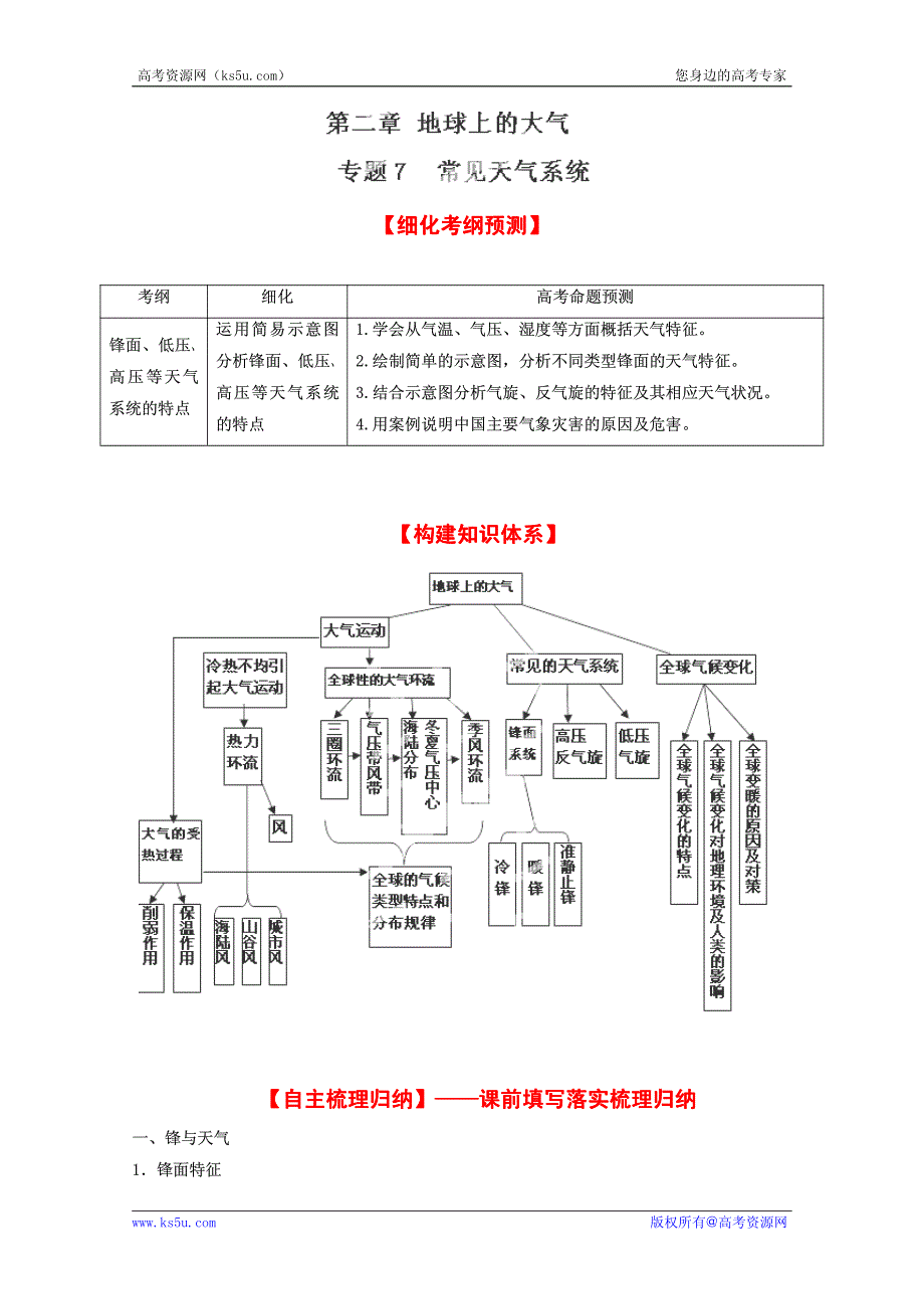 2013高考地理一轮复习教学案 专题07 常见天气系统（教师版）.pdf_第1页